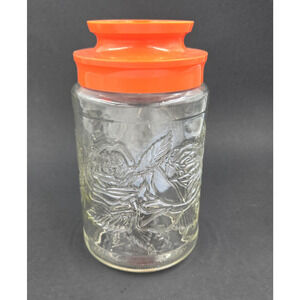 MCM Vtg Tang Glass Jar roses Anchor Hocking Orange Plastic Lid MID CENTURY MOD